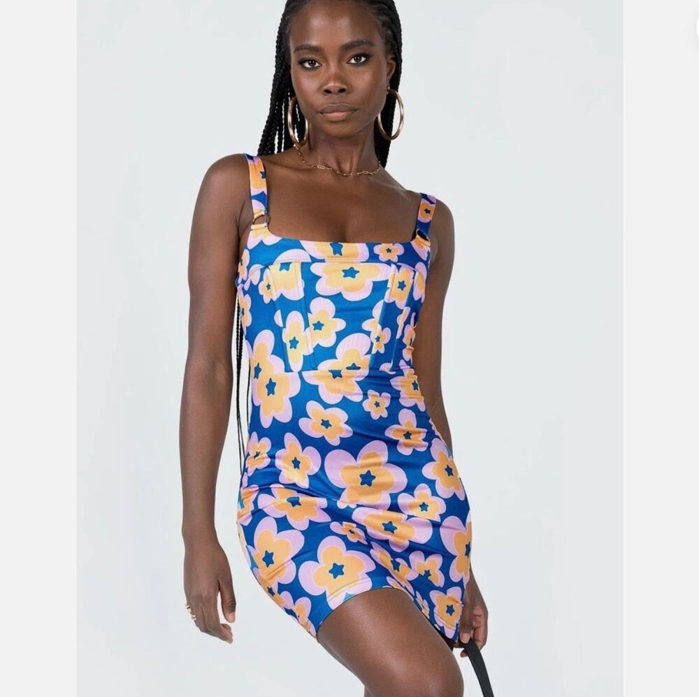 Princess Polly Mini Dress – Blue Floral Retro Print – Size XS (US 2)